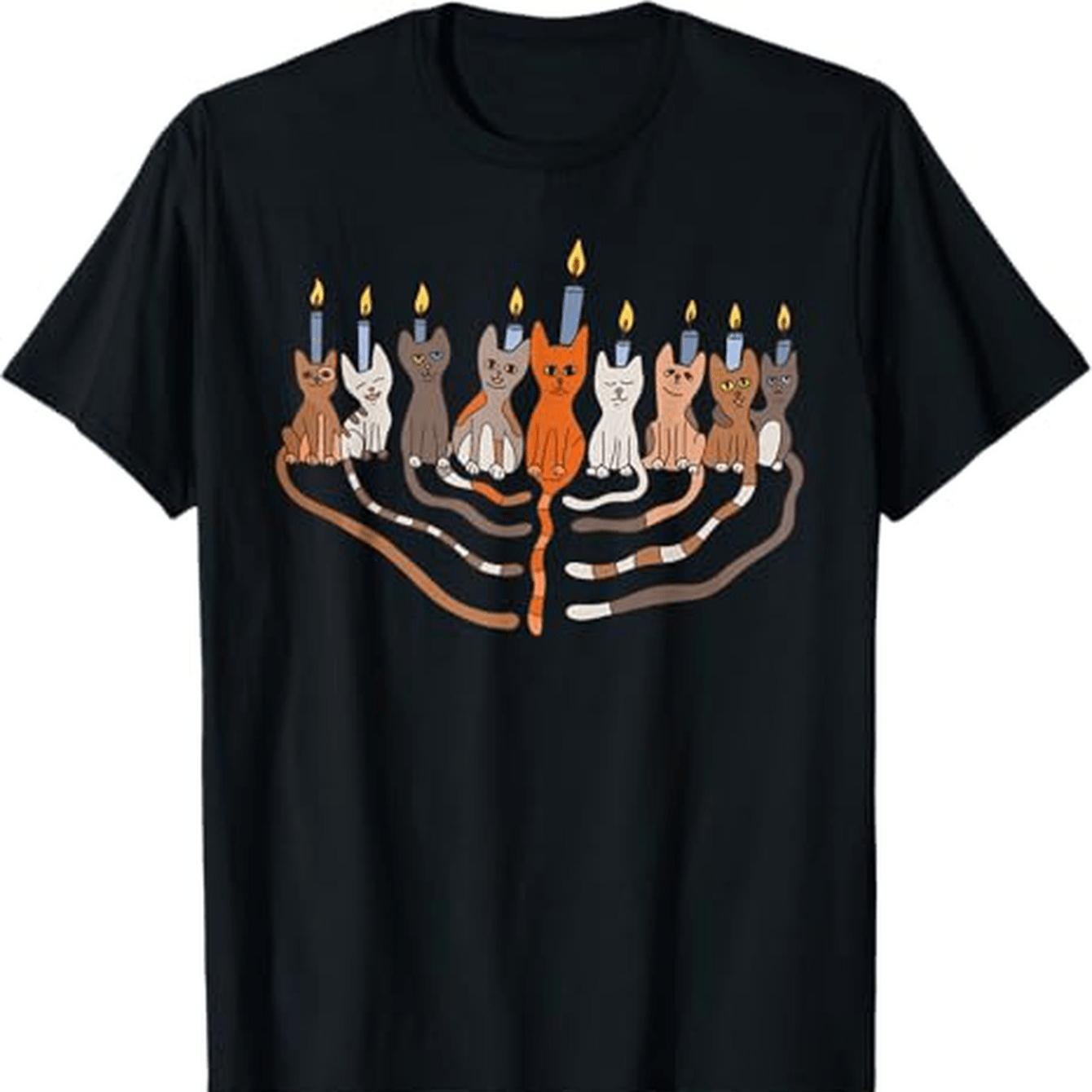 Funny Hanukkah Cat Menorah TShirt 100 Cotton ONeck Short Sleeve Summer Casual Mens Tshirt Streetwear S