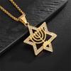 Hip Hop Iced Out Star Of David Candlestick Pendant Gold Color Stainless Steel Chanukah Necklace for Men Je Jewelry Gift