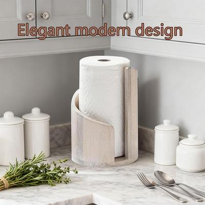 Suport de Hârtie Prosop de Munte pentru Blat cu Bază Rotundă din Lemn de Mango și Suport din Fier, Suport Maro din Lemn Natural pentru Hârtie Prosop