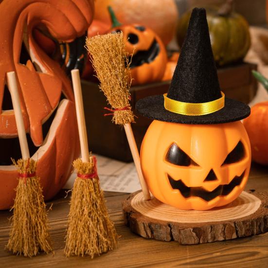 12Pcs Mini Witch Hat And Broom Crafts Halloween Party Decorations Reusable Black Hats Festive Home Party Ornaments
