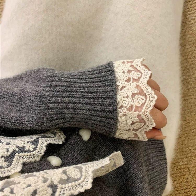 Lace and Pearl Cardigan Women's Bow Knitted Cardigan Loose Sweater for Autumn and Winter Long-sleeved Top Coat