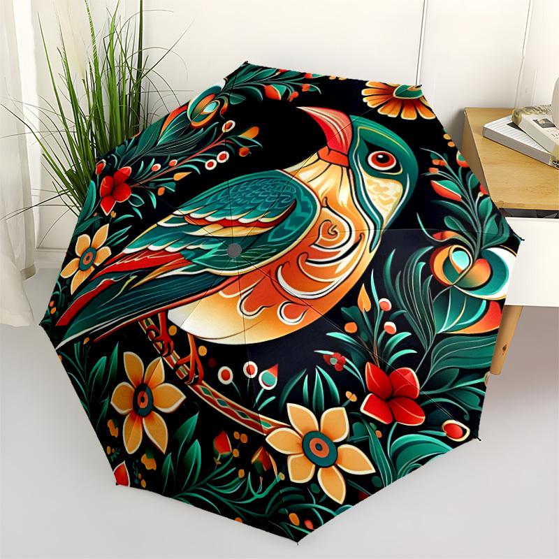 1pc Floral Bird Automatic Folding Umbrella Compact Lightweight Travel Umbrella with 8-Rib Sturdy Frame, Windproof & Self014