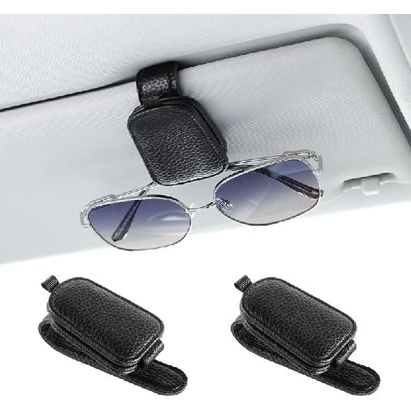 JUSTTOP 2Pack Sunglasses Holders For Car,Magnetic Leather Buckle Sun Visor Sunglass Clip,Ticket Card Clip Sunglasses Mount,Car Interior Accessories
