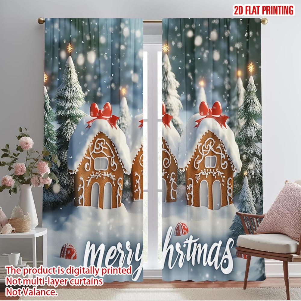 2pcs,2D plane printing Pattern Curtains Gingerbread Houses Christmas Snow (2) Versatile Polyester Fabric (without rod) Versatile
