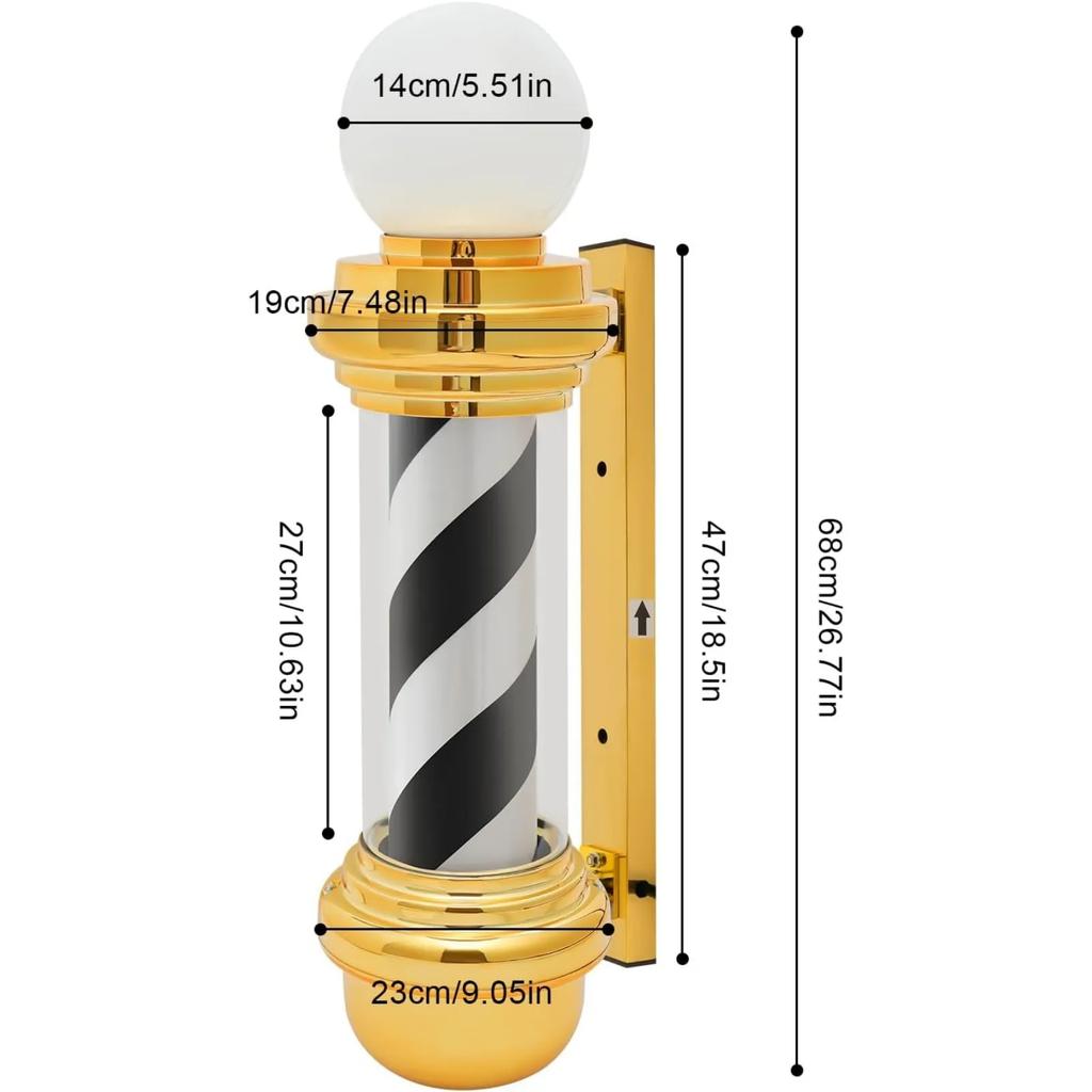 27” Barber Shop LED Pole Light, Golden Black White Rotating Hair Salon Open Sign, IP54 Waterproof, Save Energy, Wall Mount