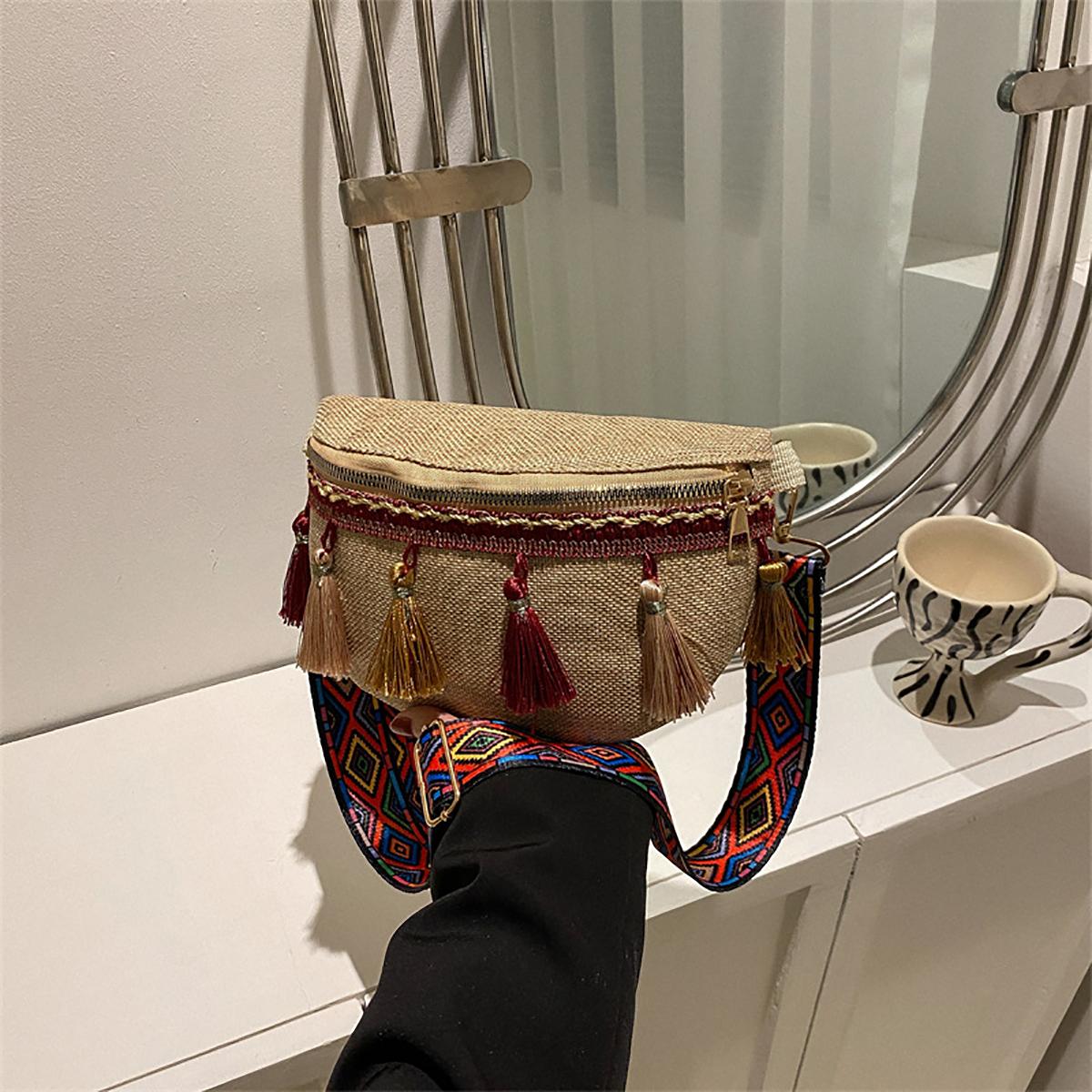 

Ethnic style women s waist bag, Chinese style retro tassel small bag, women s trendy fashionable chest bag.zwq красный