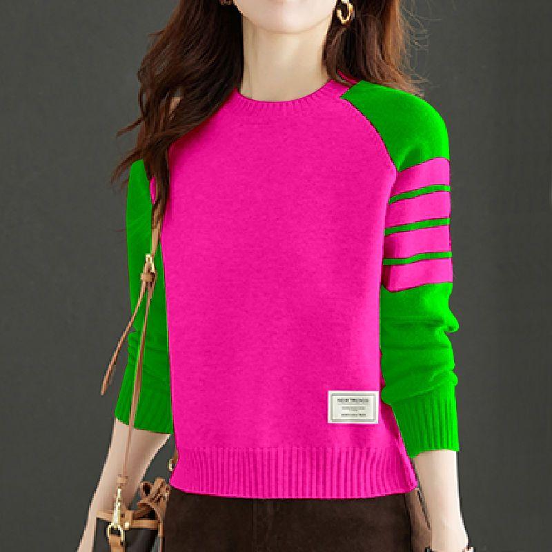 

Повседневные женские джемперы в стиле пэчворк, вязаные, осень-зима, новые контрастные цвета, женские полосатые базовые свитера с длинным рукавом 3XL розы красного