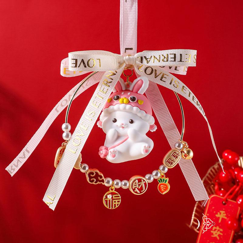 2024 New Year Rabbit Car Pendant Car Mirror Cute Rabbit Decoration Ornament Hanging Valentine's Day Gift Automotive Interior