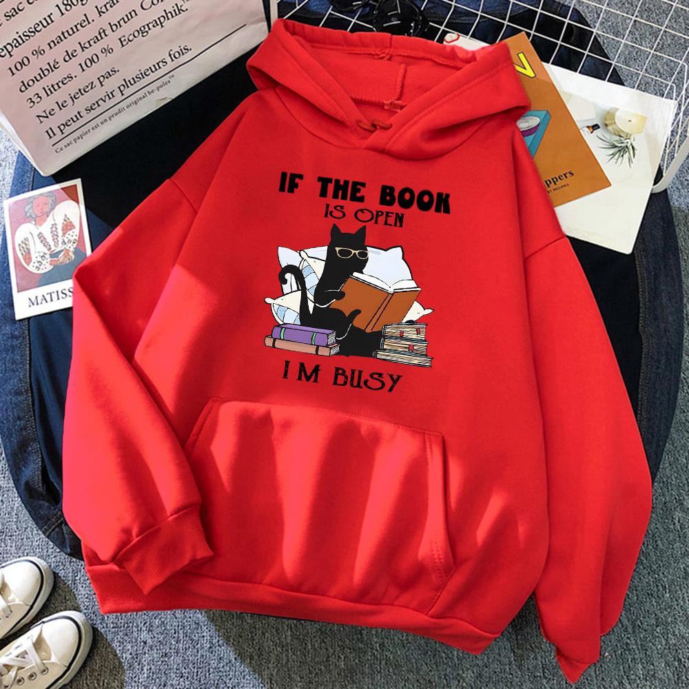 If The Book Is Open I'm Busy Black Cat Hoody Women Casual Crewneck Hoodies Fashion Loose Clothes Fleece Pullover Sweatshirt