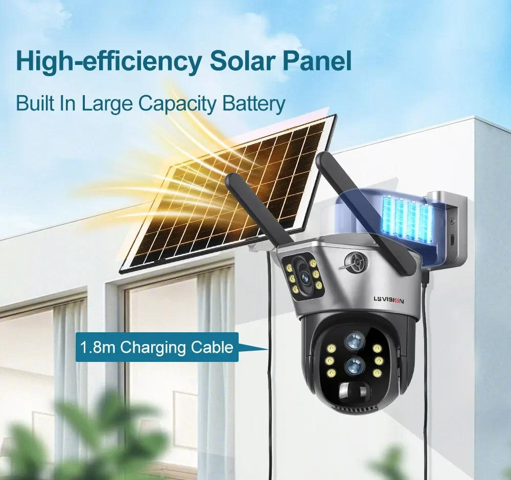 LS VISION 12MP 4G/WiFi Dual Screen Solar Camera Outdoor 10X Zoom 6K Three Lens Human Auto Tracking Surveillance Camera V380 Pro