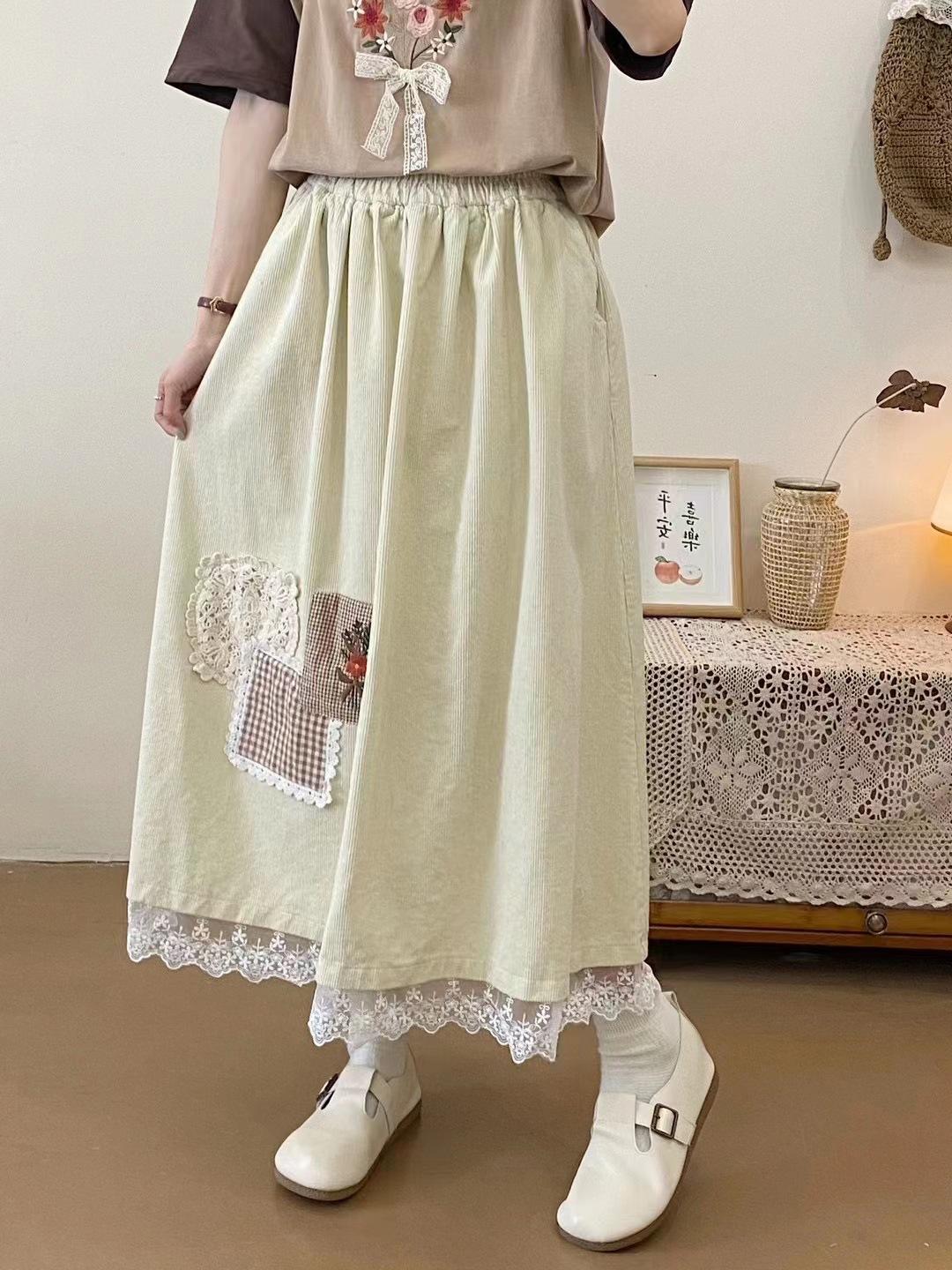 

Юбка из вельвета с вышитым японским лесом Johnature, осенняя ретро-универсальная женская юбка с эластичной талией One Size слоновая кость