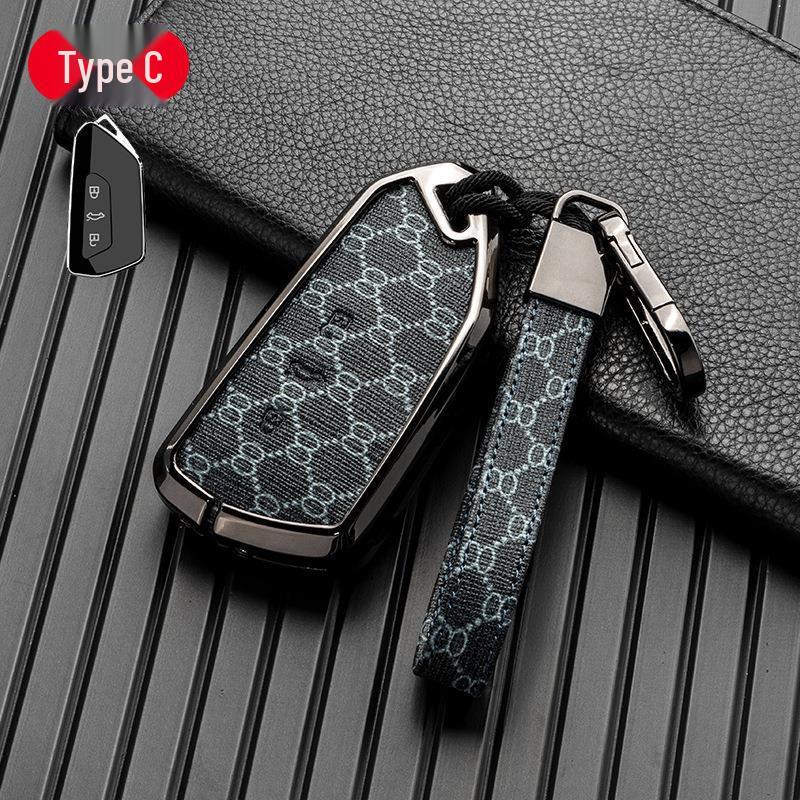 Volkswagen/Skoda Double-Sided Leather Zinc Alloy Car Key Case - Non-Signal Blocking, Full-Wrap Design