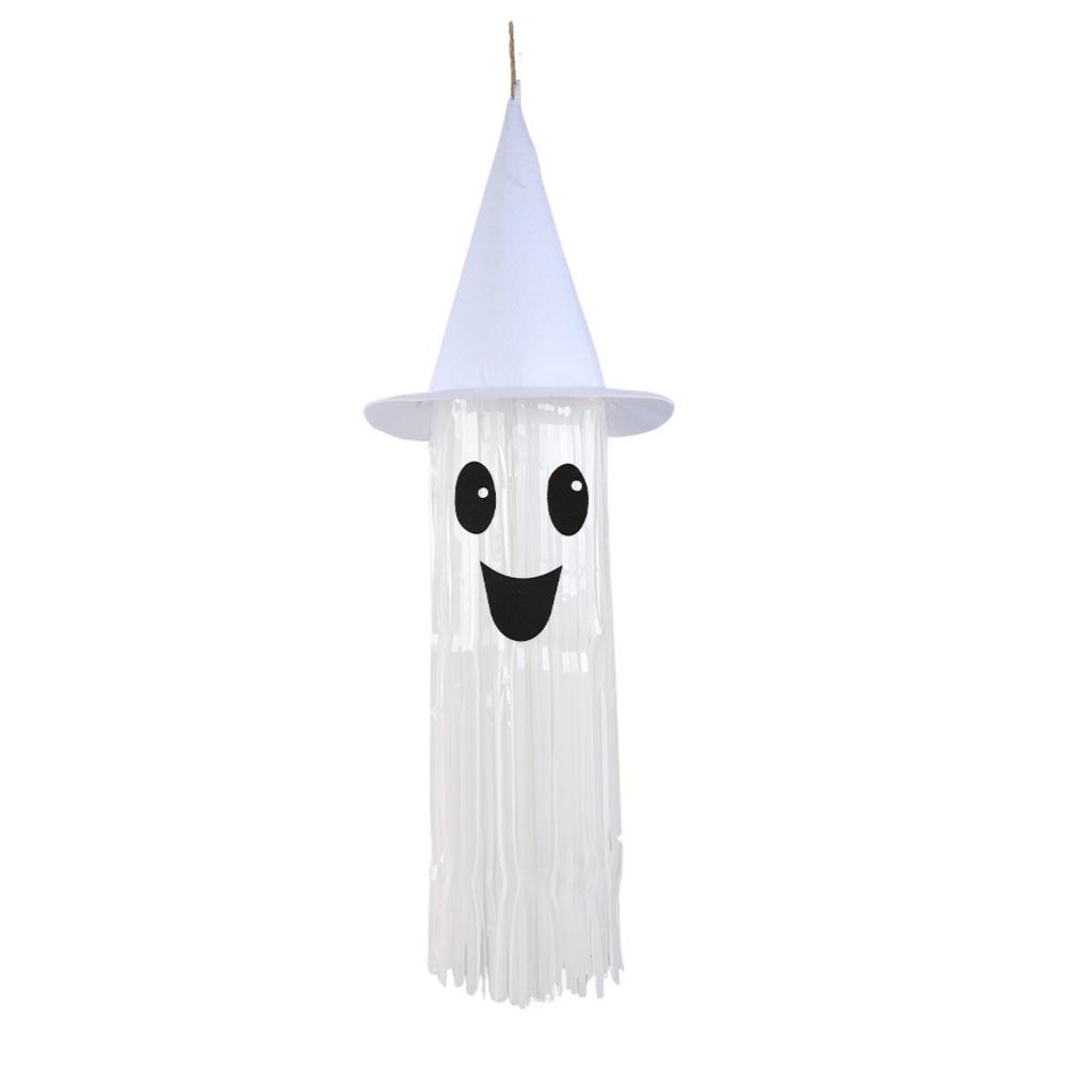 Halloween Light Up Smiling Ghost Hanging Decoration with Witch Hat Long Fringe Design for Indoor Outdoor Party Use