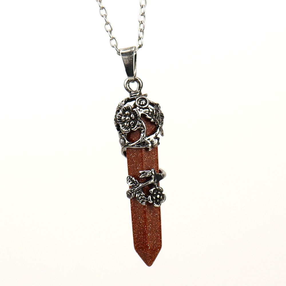 Natural Stone Hexagonal Column Pendant Hexagonal Prism Crystal Necklace Retro Rose Flower Alloy Gold Necklace N761