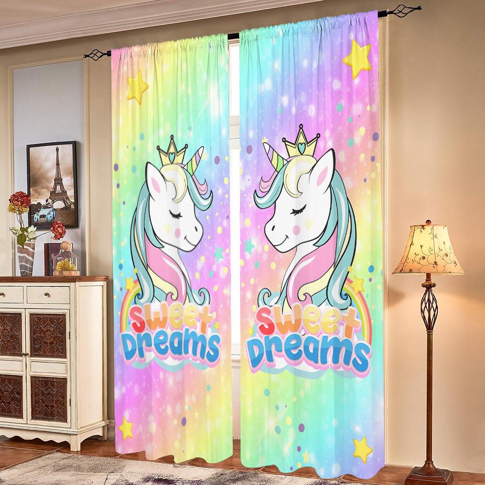 2 Pieces, Cute Cartoon Unicorn Curtains - Suitable for Living Room, Bedroom, Kitchen and Home Decoration - Add Decorative Fun.