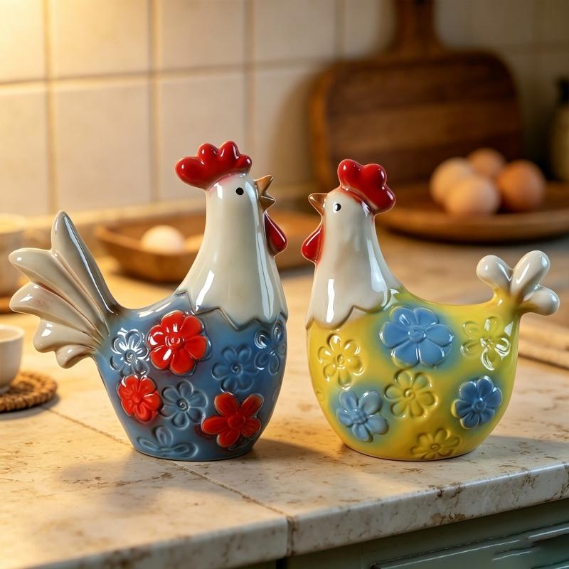 2 Pack Glazed Ceramic Decors Farm Animal Figurine Floral Textured Table Accent for Shelf Cabinet Entryway Living Room and Desk Display