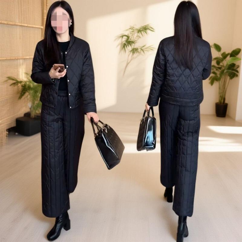 

Модный зимний женский хлопковый костюм Теплая толстая куртка с подкладкой Брюки Набор из двух предметов Приталенный Стильный наряд M чёрный