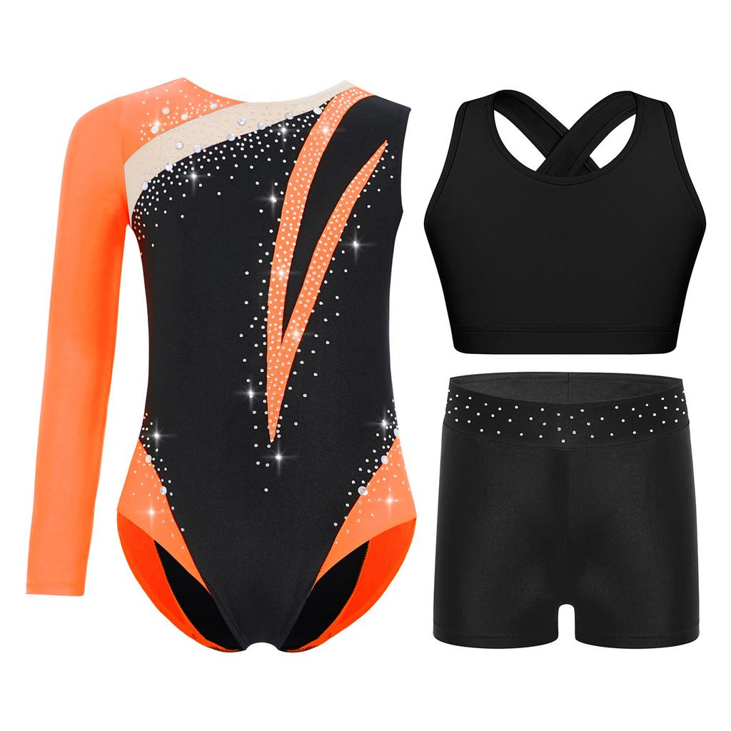 Girls Gymnastics Dance Outfit Shiny Rhinestones Color Block Asymmetrical Leotard Cross Back Keyhole Vest