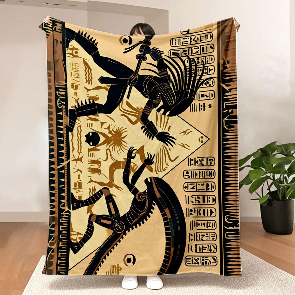 Egyptian Hieroglyphic Art Blanket - Stylized Monochromatic Throw with Anubis - like Deity & Serpentine Creature, Decorated with 75X95CM