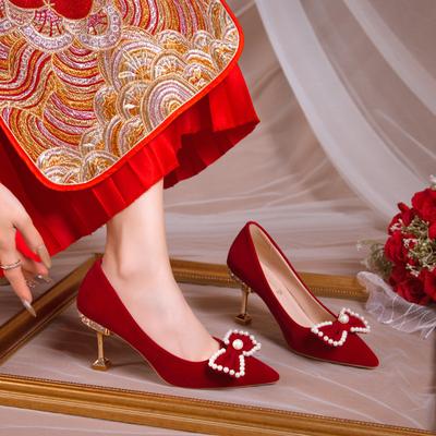 Wedding Shoes Women's Spring and Autumn New Sexy Bow High Heels Stiletto Pointed New Bridal Shoes Wedding Shoes Women