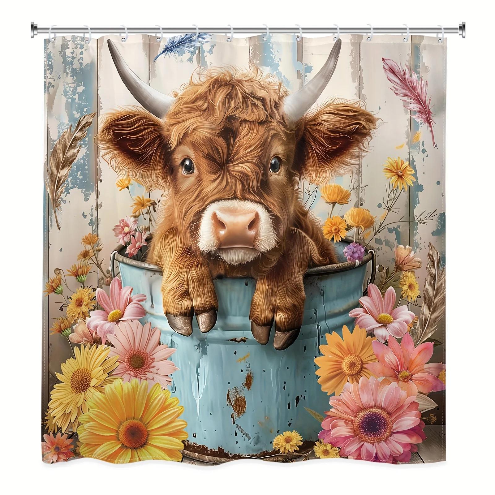 

Funny Highland Cow Shower Curtain, Cute Calf With Sunflower, Graffiti Wood Board Art, Fabric Bath Decor,12 Plastic Hooks W60H190(CM)-1 Pcs