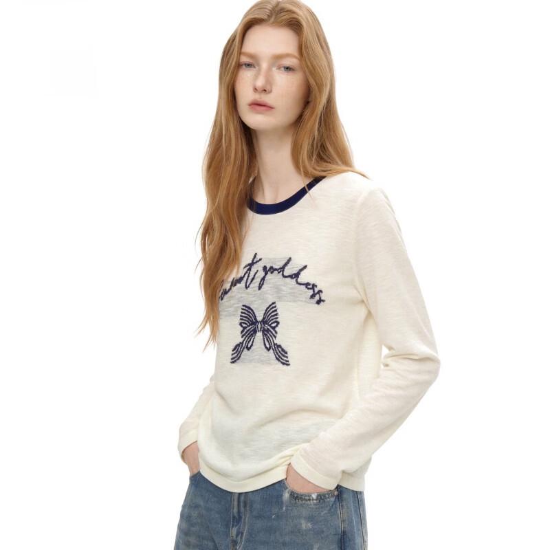 Basic House Women's Embroidered Bow Contrast Knit Sweater