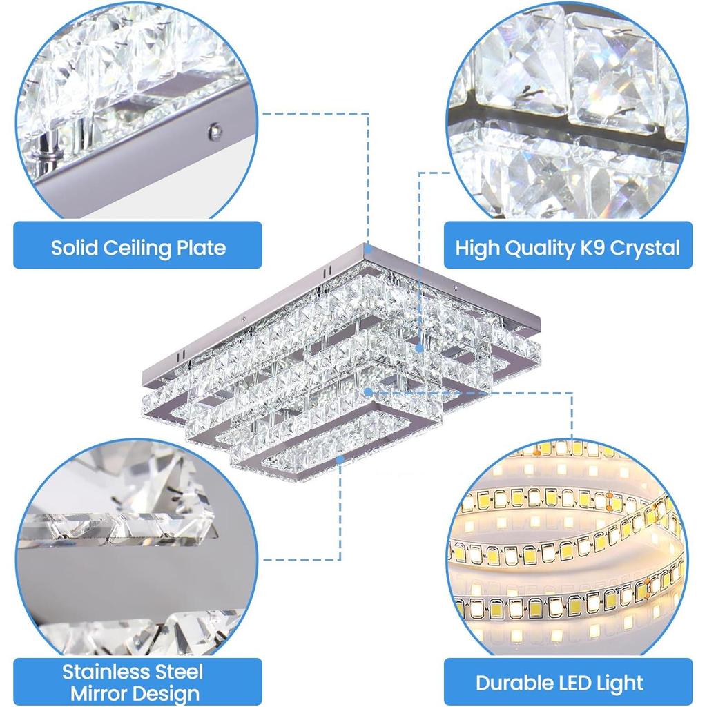 Modern Crystal LED Ceiling Light 50 cm Flush Mount Chandelier 3-Tier Stainless Steel Ceiling Lights 6500K Cool White