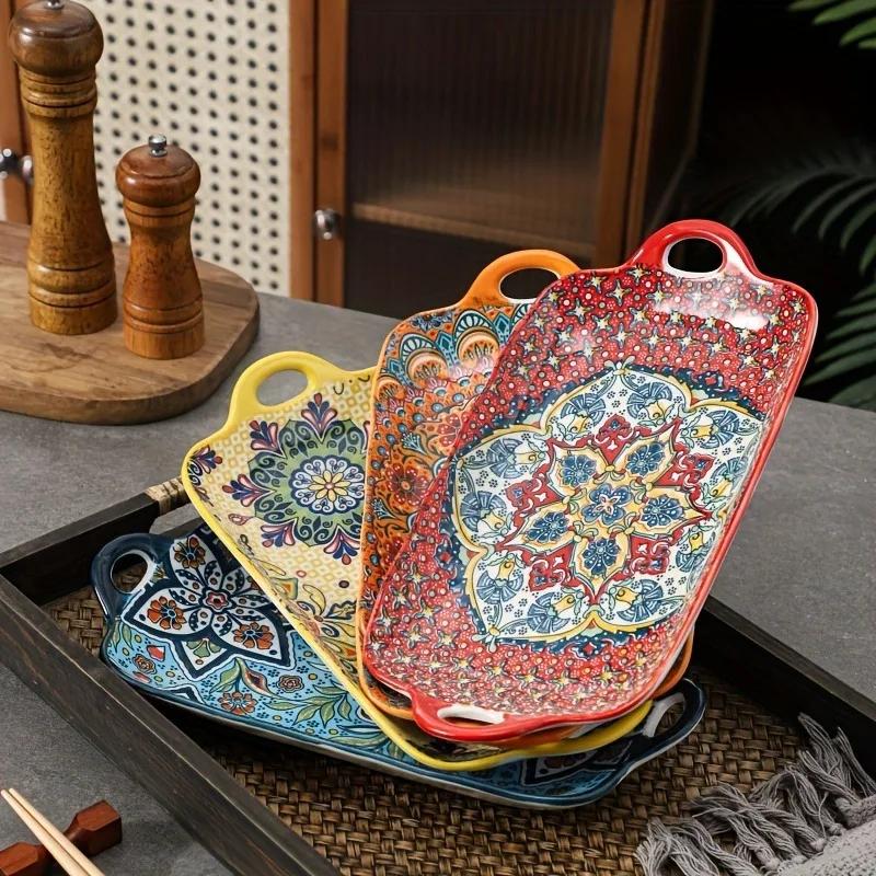 Bohemian Binaural Dinner Plates Ceramic Plate Large Rectangular Fish Plate Ceramic Sushi Dish for Home Kitchen Restaurant Gift