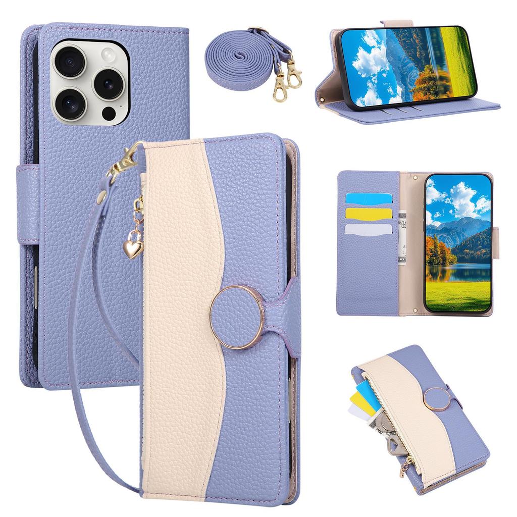 iPhone 17 Color Block Wallet Case: Drop-Proof Leather with Lanyard & Card Slots