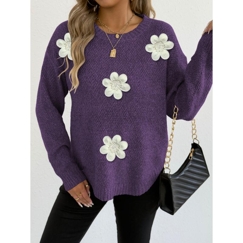 Damen Pullover mit Blumenverzierungen Rundhalsausschnitt Lockerer Schnitt Langarm Strickoberteil Mehrfarbig Lässig Mode Pullover
