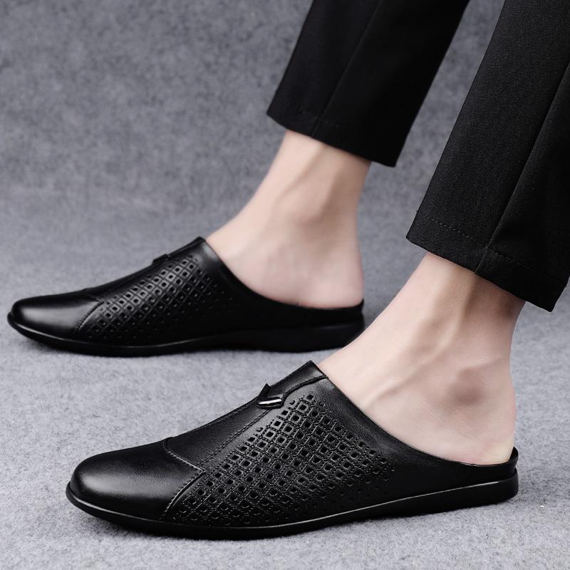 2022 Summer Half Drag Peas Genuine Leather Men Shoes Breathable Men'S Slippers Loafers Mens Moccasins High Quality Business Shoe