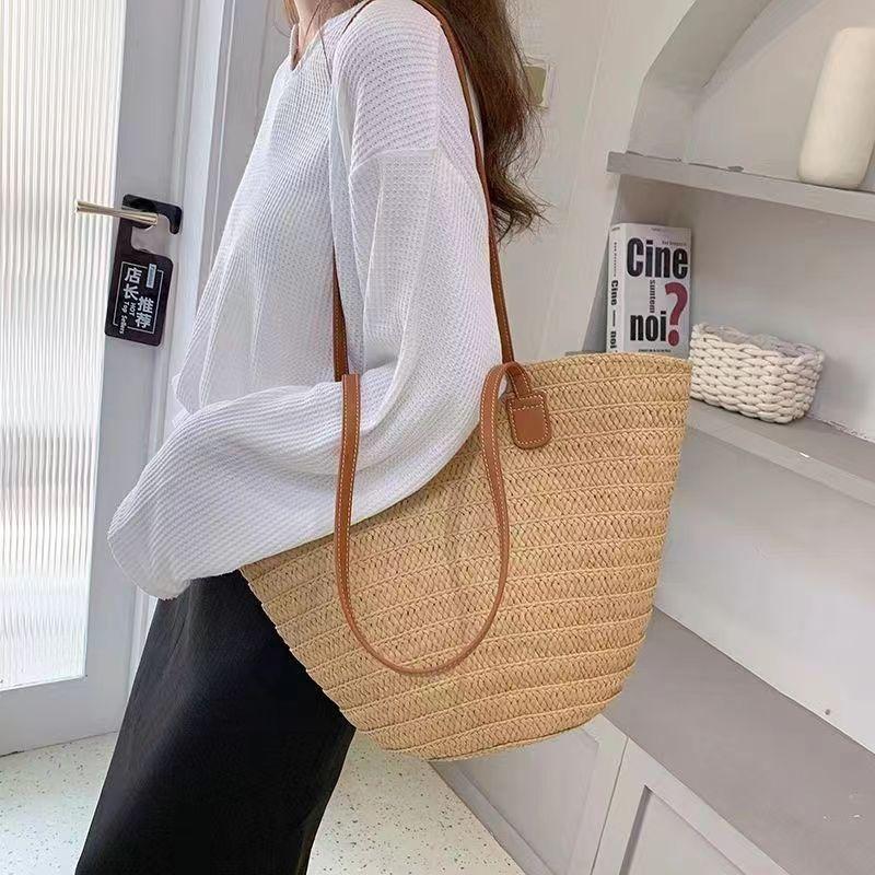 Straw Bag Women's Large-capacity New Holiday Beach Straw Bag Woven Bucket Bag Vegetable Basket Seaside Tote Bag