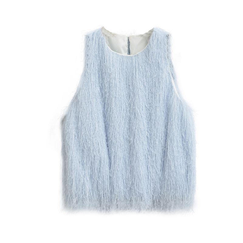 Kaslead New Women Clothes Western Style Fashion Simple and Versatile Decorated Tassel Short Top 8741056