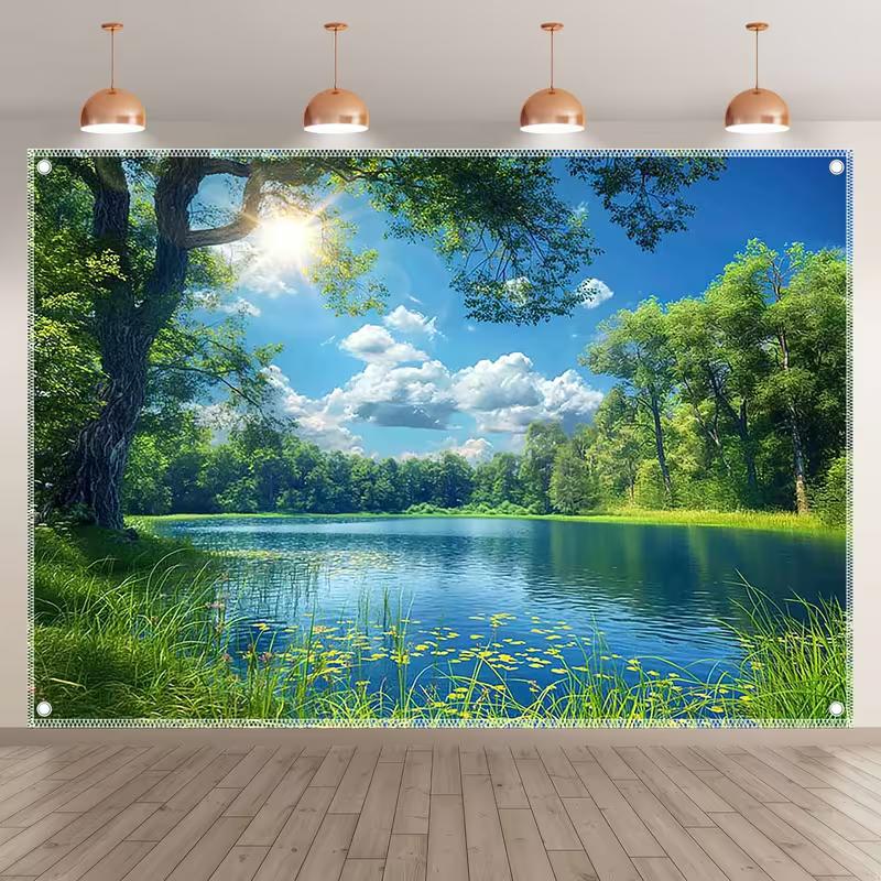

2D Serene Green Forest Tapestry Lake with Sunlight & Blue Sky Wall Hanging 47.2x31.5inch/120*80cm