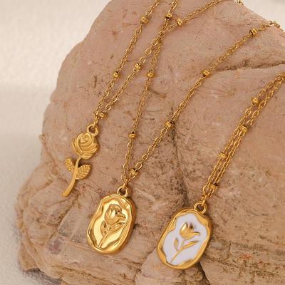 18K Gold Rose Flower Pendant Necklace - Stainless Steel Titanium, Colorfast, High-End Women's Accessory