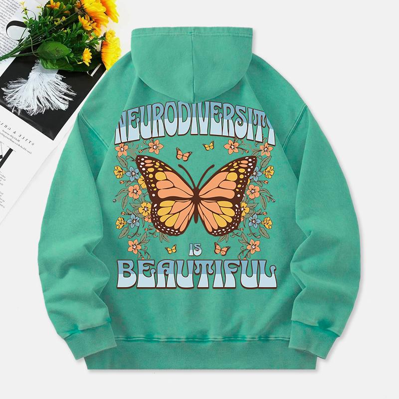Neurodiversity Is Beautiful Washed Hoodies Women Butterfly Print Cotton Tops Pocket Oversize Warm Clothes