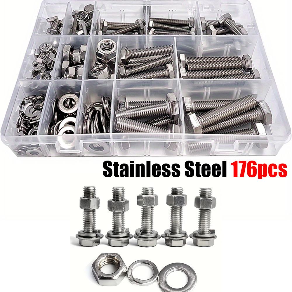 176-piece stainless steel heavy-duty hex bolt and nut kit, M6/M8/M10, fully threaded, for household and machinery use.