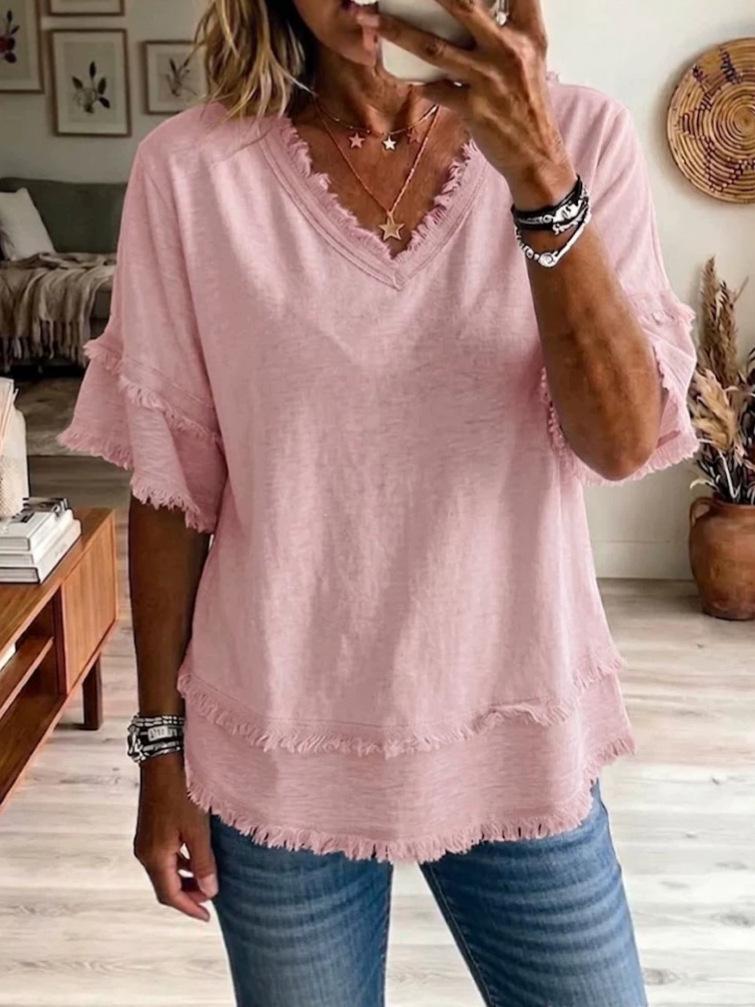 V-Neck Short Sleeve Loose Fit Women's Casual Pullover Top