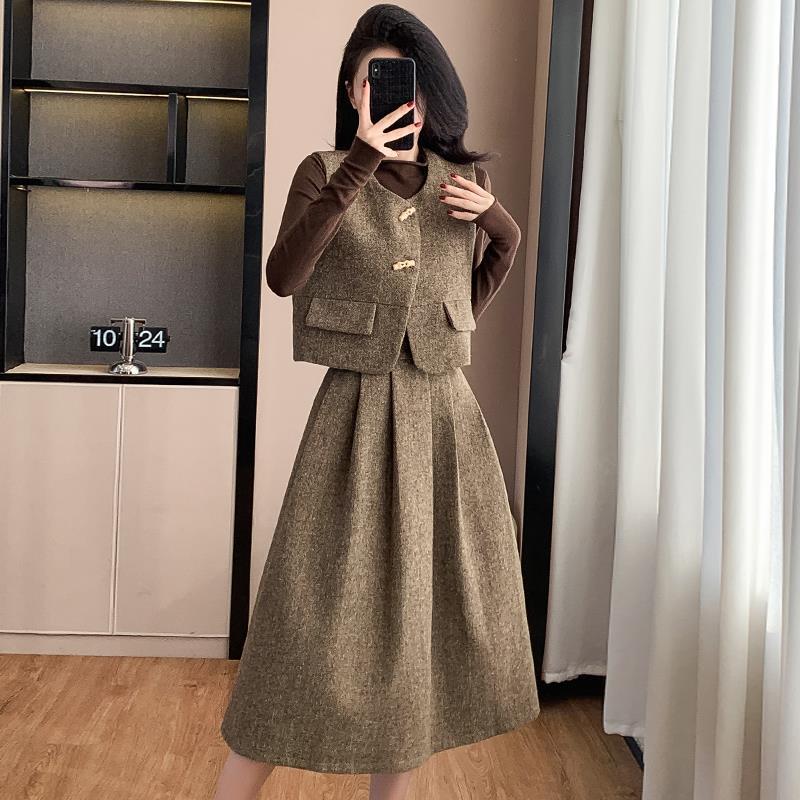 Modă Coreeană Retro Vestă & Fustă Midi Set Slimming Trei Piese pentru Femei