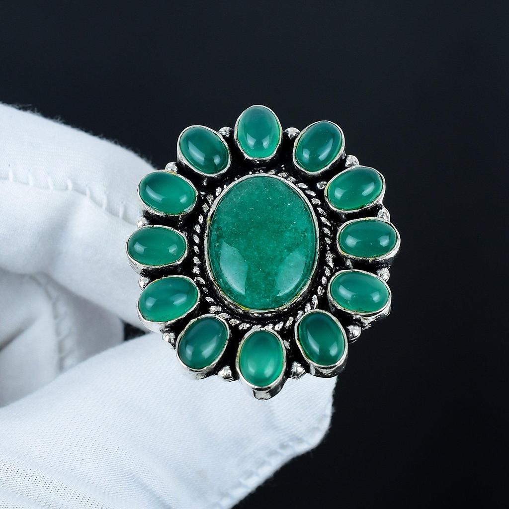 Smaragd, Ring med grön onyx-ädelsten, 925 sterlingsilverring, Gåva till henne, Oval sten, Elegant handgjord ring, Silverring med grön onyx-blomma