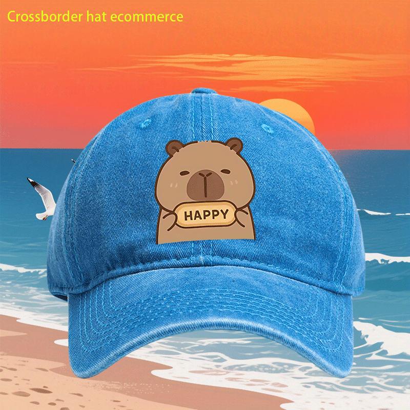 Счастливая Капибара Бейсболка Стирка Деним Регулируемая Повседневная Шляпа для Унисекс На Открытом Воздухе Лето One Size