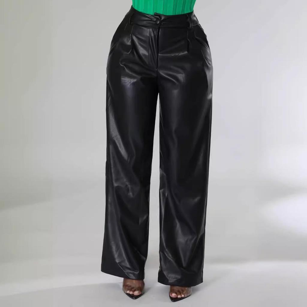 Damen Frühling Retro Lose Breite Beintasche Lässige Lederhose