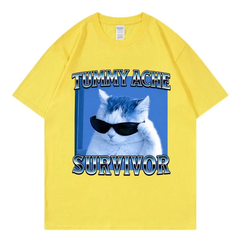 Tummy Ache Survivor Funny Cat Meme Tshirt Unisex Unisex Casual Comfort Short Sleeve Tshirts High Quality Fashion Oversized T Shirt