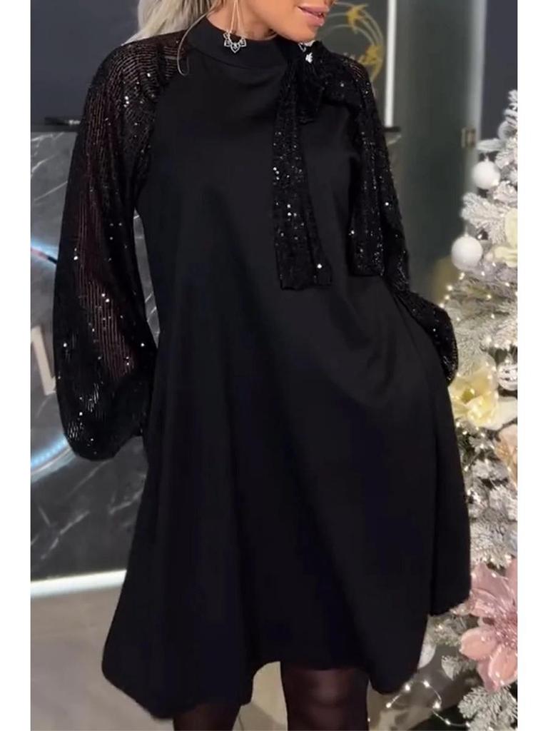 2024 Autumn/Winter Long-Sleeve Patchwork Sequin Tie-Up Mini Dress