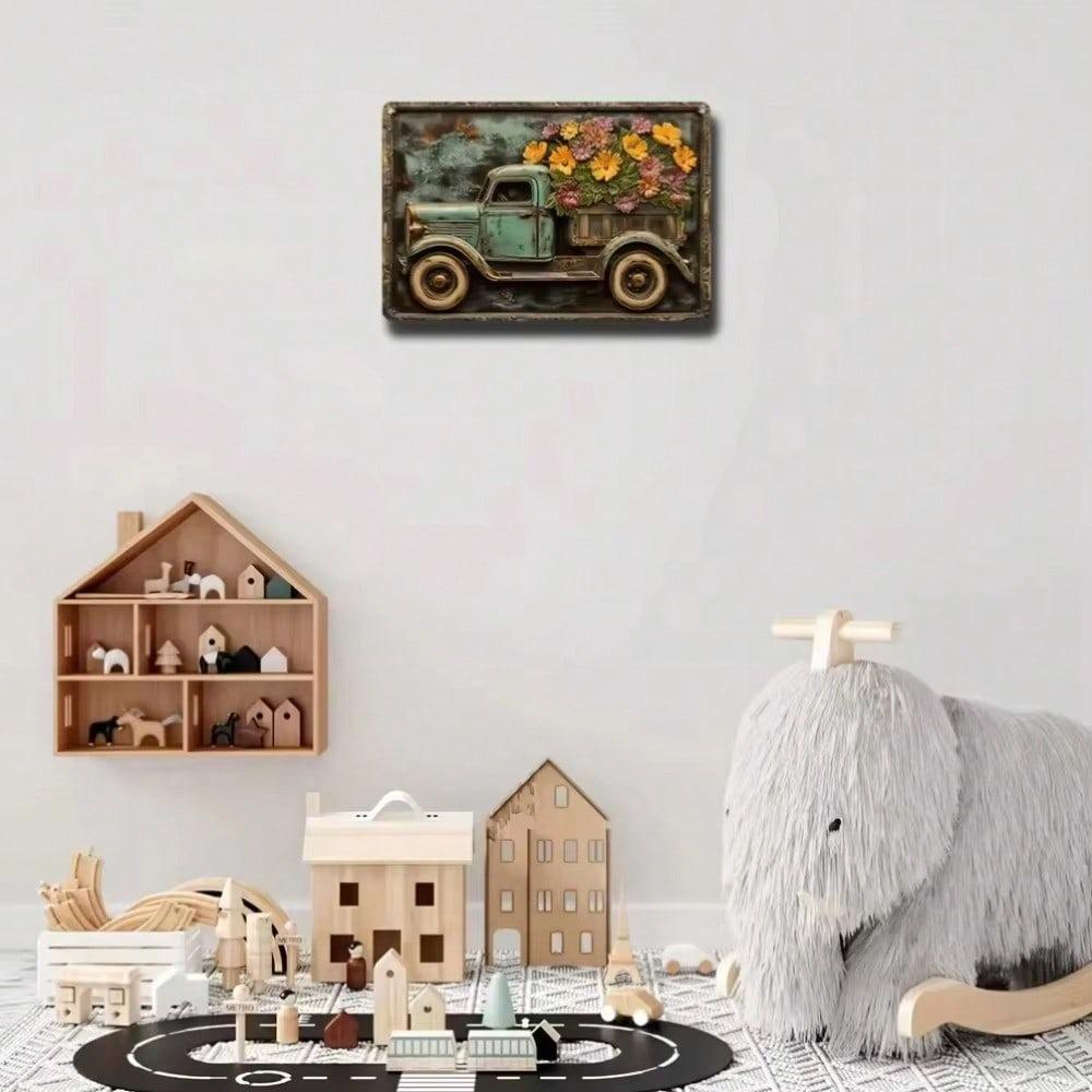 Vintage Blue Truck Metal Tin Sign Rustic Floral Wall Art 1PC