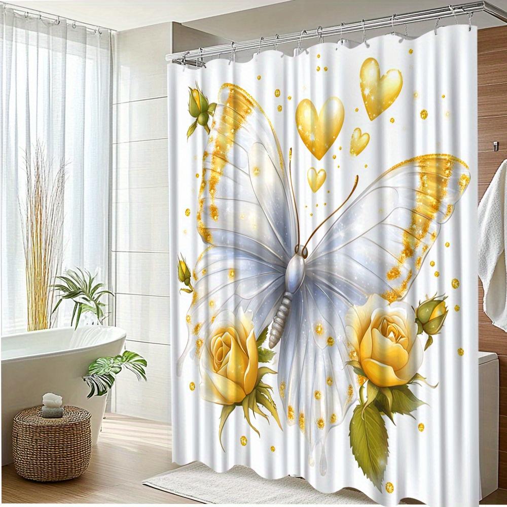 1Pc Butterfly Shower Curtain With Yellow Roses & Hearts Design - Premium Polyester Fabric, Machine Washable, 70.8X70.8 Inches,