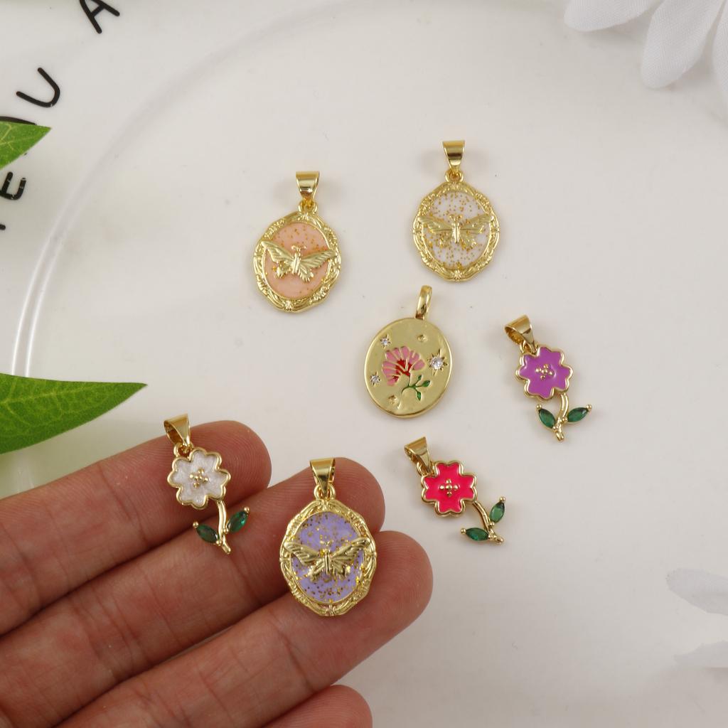 2 Piece Brass Charms 18K Gold Plated Multicolor Enamel Flower Butterfly Pendants For DIY Necklace Bracelet Jewelry Making