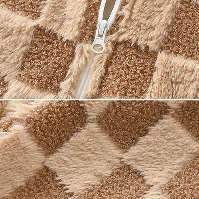 3-12 Years Kids Plush Plaid Coat Zipper Jacket