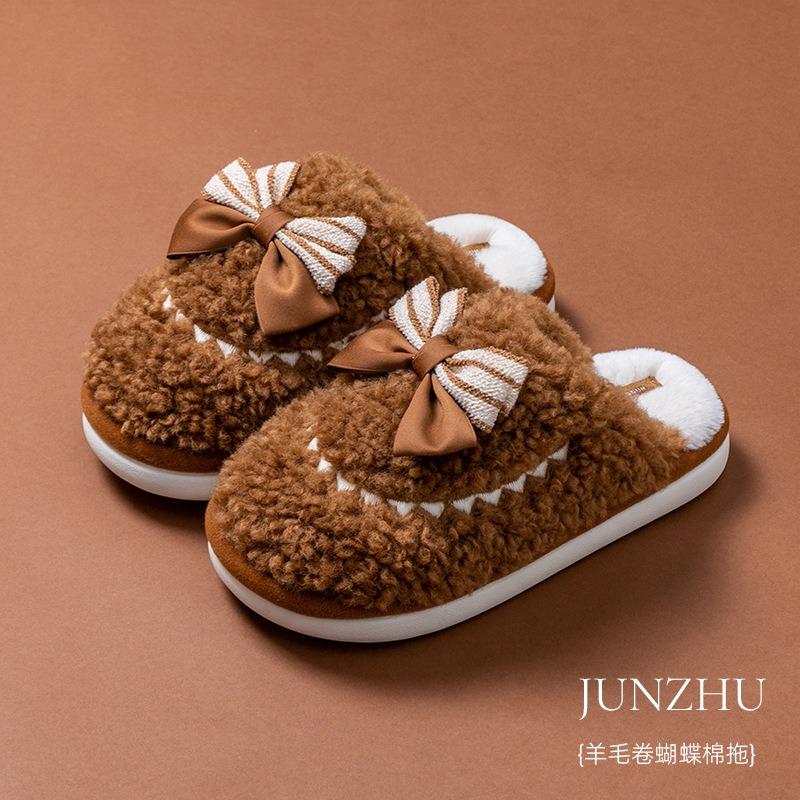 New winter women's wool roll butterfly cotton slippers warm indoor home non-slip fluffy slippers