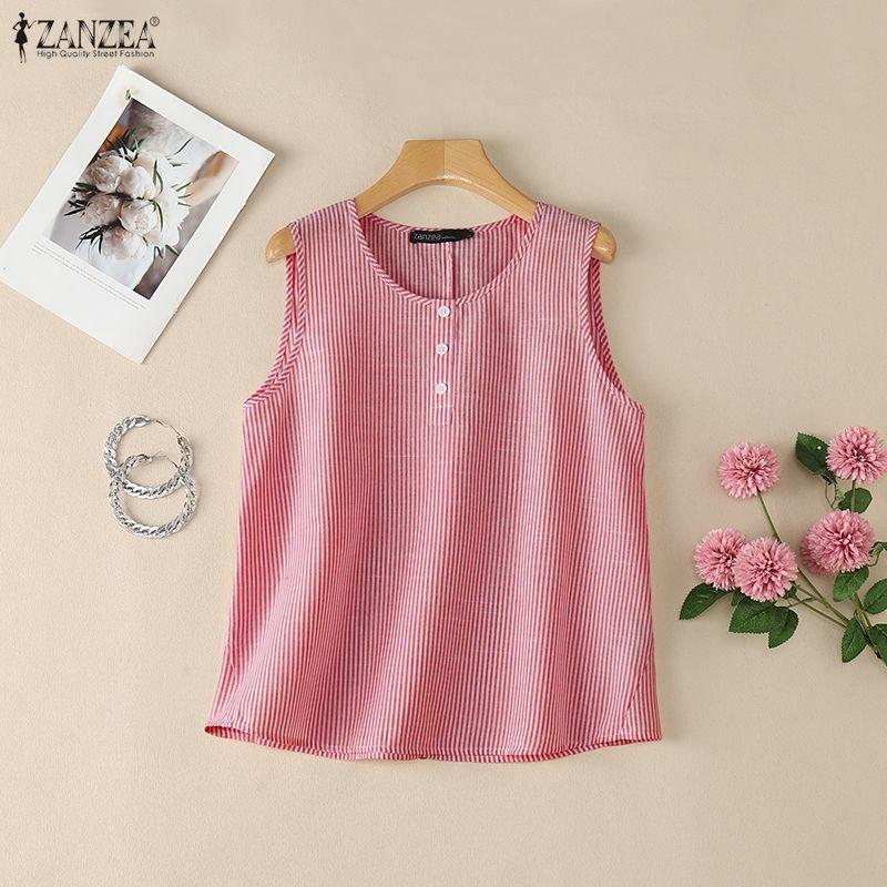 ZANZEA Women Casual Round Neck Loose Sleeveless Stripe Tank Tops